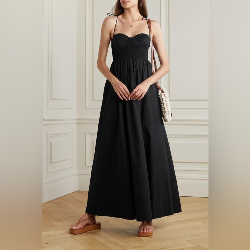 NWT STAUD Landry Shirred Cotton-Blend Poplin Maxi Dress